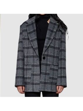 Bardot Wool Blend Plaid Blazer Grey Size Small Oversized Single Button Closure